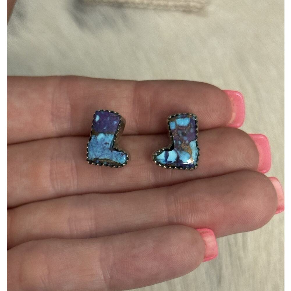Sterling Silver Blue Purple Mojave Cowboy Cowgirl Boot Boots Post Studs Earrings